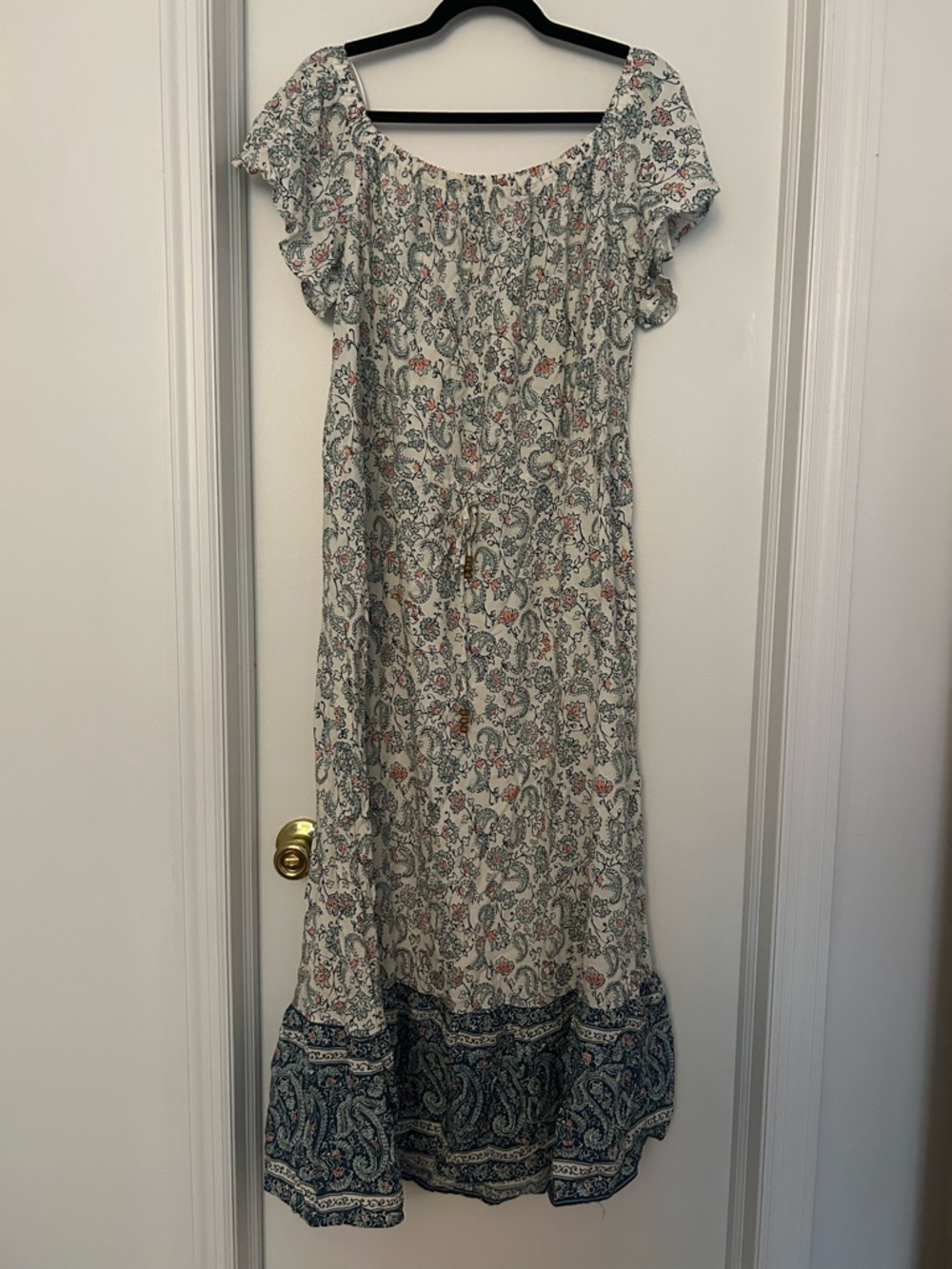 Cream Maxi Dress with Blue Paisley Border